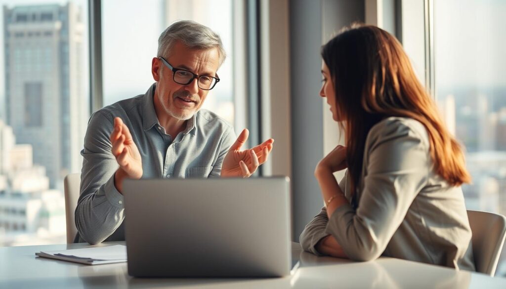 A coach sits at a desk, deep in conversation with a client. The office is bright and airy, with large windows overlooking a cityscape. The coach's expression is one of focused attention, their hands gesturing animatedly as they explain a concept on the laptop screen. The client leans forward, engaged and thoughtful. Soft, warm lighting casts a gentle glow, creating an atmosphere of trust and collaboration. The scene captures the collaborative nature of the coaching process, with the KI-Tool seamlessly integrated as a supportive, intelligent assistant.