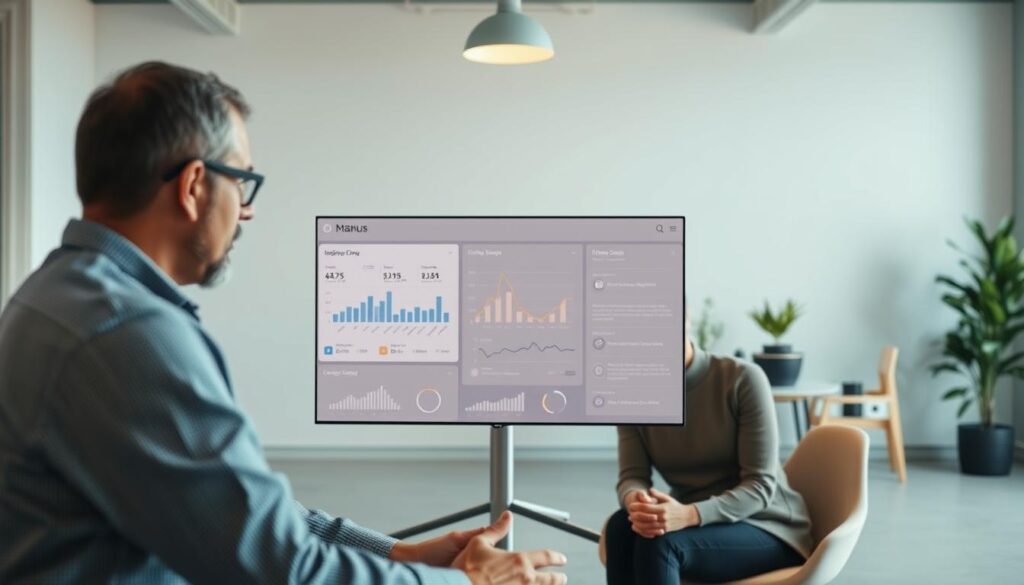 A professional coaching session with Manus, a cutting-edge AI assistant. In the foreground, a coach and their client deeply engaged in discussion, their faces aglow with the warm lighting. The middle ground showcases Manus' intuitive dashboard, displaying insightful analytics and personalized recommendations to guide the coaching process. The background depicts a serene, minimalist office space, exuding an atmosphere of focus and productivity. The scene conveys the power of AI-enhanced coaching, blending human expertise with intelligent technology to unlock new levels of personal and professional growth.