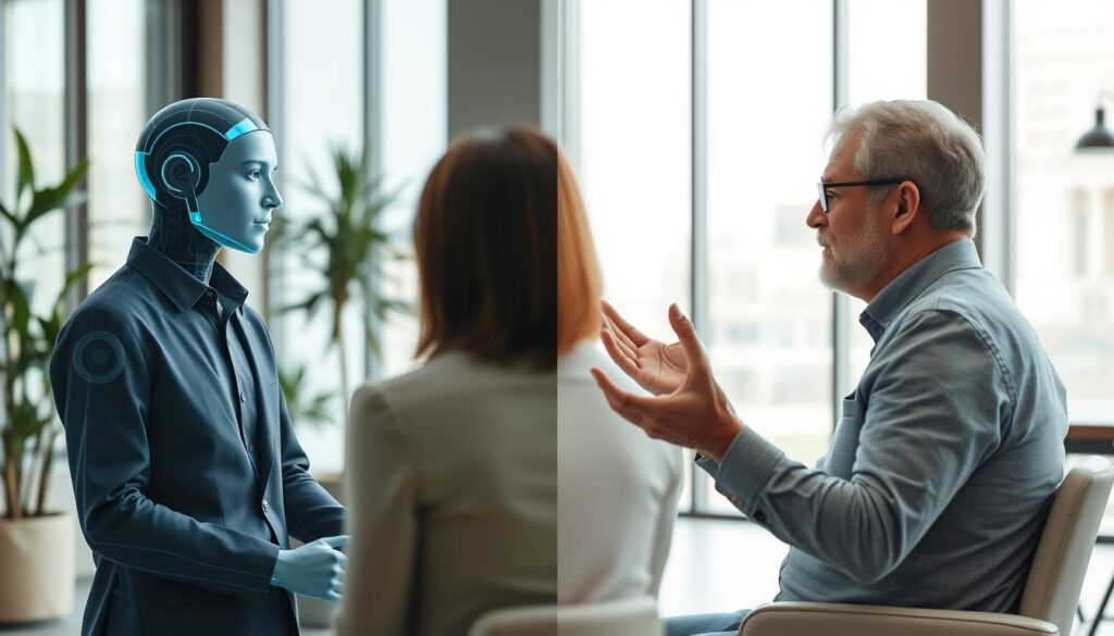 A side-by-side comparison of a modern AI-powered digital coaching platform and a traditional in-person coaching session. In the foreground, the AI coach, a sleek, minimalist holographic display, interacts with a young professional in a thoughtful, empathetic manner. In the middle ground, the traditional coach, an experienced mentor, gestures animatedly while engaged in an earnest discussion with their client. The background depicts a modern, well-appointed office space, with floor-to-ceiling windows allowing natural light to flood the scene, creating a warm, collaborative atmosphere. The lighting is soft and diffuse, emphasizing the thoughtful, introspective nature of the coaching experience, whether digital or analog.