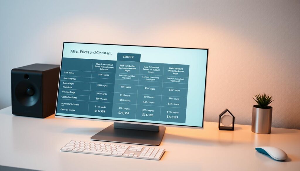 A sleek, professional-looking pricing structure for a KI-Assistent, presented on a clean, minimalist desktop setup. The main focus is a neatly organized table displaying different service tiers, pricing, and feature breakdowns. The table is illuminated by warm, indirect lighting, creating a sense of clarity and sophistication. In the background, a subtle pattern or texture adds visual interest without distracting from the central pricing information. The overall scene conveys a well-considered, high-quality offering that aligns with the section title 
