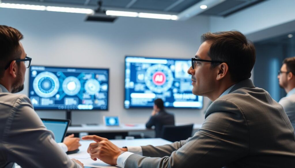 Führungskraft in einer KI-Weiterbildung mit interaktiven Lernmaterialien