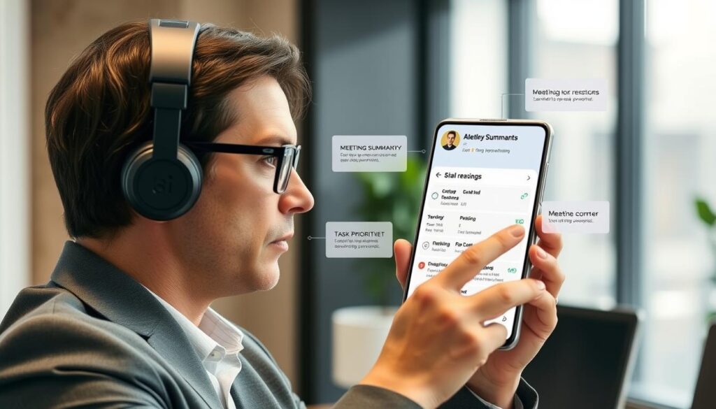 Führungskraft interagiert mit einem KI-Assistenten auf einem Smartphone