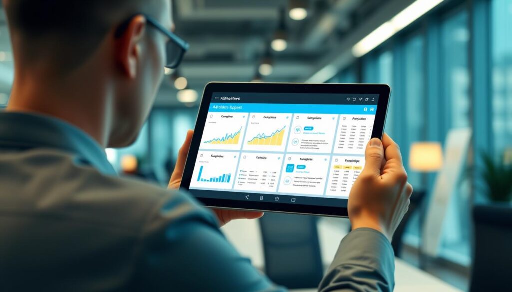 Führungskraft nutzt ein KI-gestütztes Entscheidungsunterstützungssystem auf einem Tablet