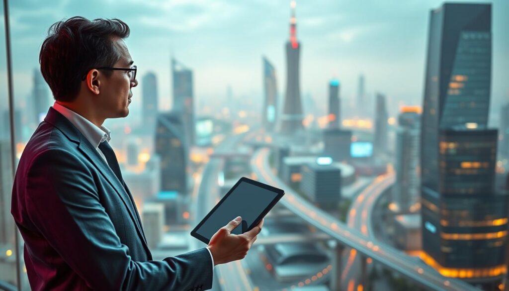 Zukunftsorientierte Führungskraft blickt auf eine digitale Stadtlandschaft mit KI-Elementen