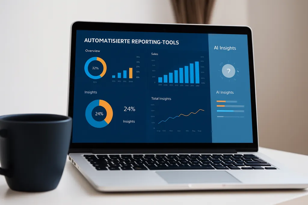 Laptop zeigt Dashboard mit automatisierten Reporting-Tools und KI-Insights in Balken- und Kreisdiagrammen