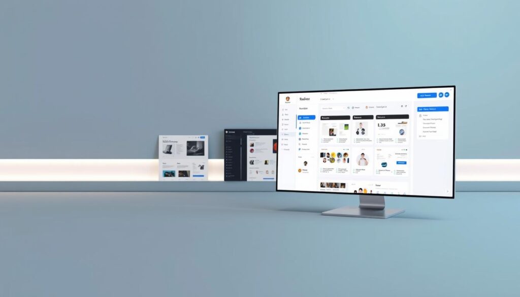 A detailed digital preview interface showcasing the Onepage KI design tool. In the foreground, a clean, minimalist dashboard with intuitive drag-and-drop functionality. The middle ground features a variety of customizable templates and UI elements, all rendered in a modern, high-contrast aesthetic. The background subtly implies the German market, with muted tones and a sense of professionalism. Soft, directional lighting accentuates the sleek, tactile quality of the interface, inviting the viewer to explore and engage with the Onepage KI experience.