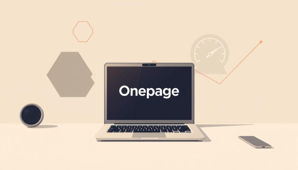 A high-resolution, detailed digital illustration of a sleek laptop computer with the Onepage brand name prominently displayed on the screen. The laptop is situated on a minimalist desk against a backdrop of geometric shapes and lines representing search engine optimization (SEO) and website loading times. The composition features warm, muted lighting and a serene, professional atmosphere to convey the importance of these technical factors for online visibility and performance. The overall scene is clean, modern, and visually appealing to a German-speaking audience.