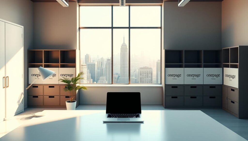 A minimalist, contemporary office space with clean lines and a serene atmosphere. In the foreground, a sleek white desk with a laptop, stylish lamp, and a potted plant adding a touch of nature. The middle ground features a large window overlooking a bustling city skyline, flooding the room with warm, natural light. The background showcases modern, muted-tone shelving units displaying the 