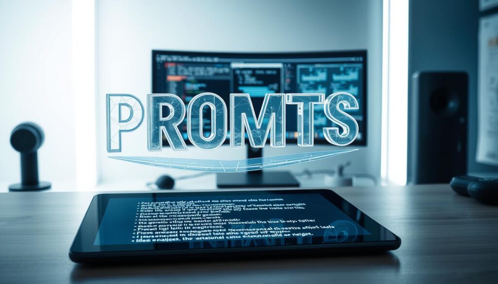 A futuristic still life composition showcasing the power of prompts and AI-driven image generation. In the foreground, a desk surface features a sleek digital tablet displaying a complex prompt, its lines of text glowing with an ethereal luminescence. Hovering above the tablet, a translucent 3D model of the word "PROMPTS" rotates, its letters formed by intricate polygonal structures. In the middle ground, a high-tech workstation with multiple monitors displays various stages of the image-generation process, the screens filled with algorithms and data visualizations. The background is a minimalist, tech-infused environment, with soft lighting and a subtle color palette of blues and grays, conveying a sense of efficiency and control. The overall scene suggests the seamless integration of human creativity and AI-powered tools, unlocking new possibilities for rapid, high-quality image production.