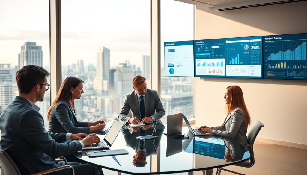 A professional, sleek office interior with a large panoramic window overlooking a modern cityscape. In the foreground, a team of well-dressed business professionals collaborating around a glass conference table, using laptops, tablets, and digital whiteboards to strategize marketing campaigns. The middle ground features state-of-the-art marketing software displayed on wall-mounted screens, conveying data visualizations and campaign analytics. The background is bathed in warm, directional lighting, creating a productive and innovative atmosphere ideal for the "Typical Business Applications: Marketing, Customer Service, Management" section.