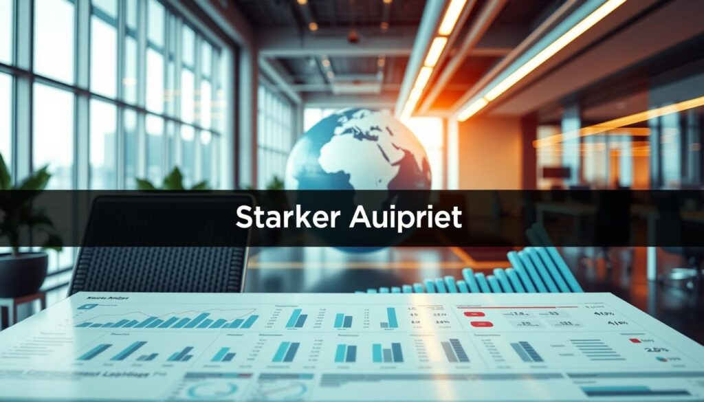 A detailed analysis of search engine optimization (SEO) keywords, showcasing the "SEO Keyword Analyse" process. In the foreground, a crisp data visualization dashboard displays key metrics and insights. In the middle ground, a 3D globe rotates, symbolizing the global reach of online visibility. The background features a sleek, futuristic office setting with floor-to-ceiling windows, bathed in warm, directional lighting. The overall mood is one of professionalism, productivity, and the power of data-driven marketing. The brand "Starker Auftritt" is prominently featured, reflecting the impact of effective SEO on a company's online presence.