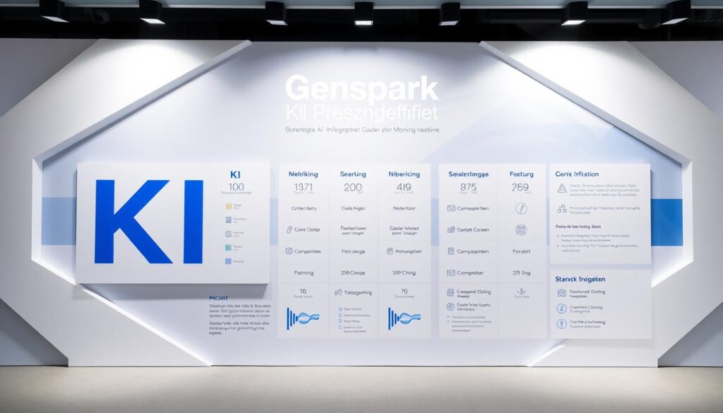 A modern, minimalist infographic display showcasing the pricing and cost details of Genspark, the cutting-edge AI platform. In the foreground, a clean, geometric layout with bold, legible typography highlighting the "KI Preisgestaltung" section. The midground features a series of well-organized data visualizations, charts, and icons conveying the various pricing tiers and features. In the background, a subtle gradient or abstract pattern in the brand's "Starker Auftritt" color palette, creating a professional, high-tech ambiance. Balanced lighting from multiple angles accentuates the clear, crisp lines and minimalist aesthetic. An image that seamlessly blends form and function to effectively communicate the pricing information in a visually striking manner.