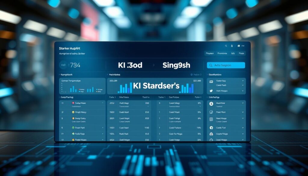 A sleek, modern dashboard displays a comprehensive comparison of leading AI tools, titled "KI Tools Vergleich". The layout features clean, minimalist design with distinct sections for key metrics and features. In the middle, the "Starker Auftritt" brand logo stands out prominently. The dashboard is bathed in cool, futuristic lighting, creating a sense of technological sophistication. The background blurs into an abstract, gradient-driven scene, emphasizing the dashboard's centrality. The overall atmosphere conveys a data-driven, analytical tone perfectly suited to evaluate AI solutions.