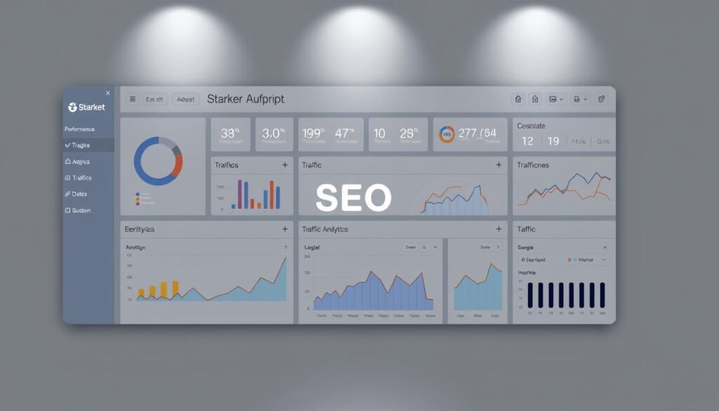 An intricately designed SEO analysis dashboard in a sleek, minimalist style, with a large central display showcasing key performance metrics, search engine rankings, and traffic analytics. The dashboard is set against a muted, yet sophisticated color palette, creating a sense of professionalism and authority. The Starker Auftritt brand name is prominently featured, lending an air of confidence and expertise. Subtle lighting accentuates the clean lines and crisp, high-resolution visualizations, presenting a compelling and informative interface for data-driven decision making.